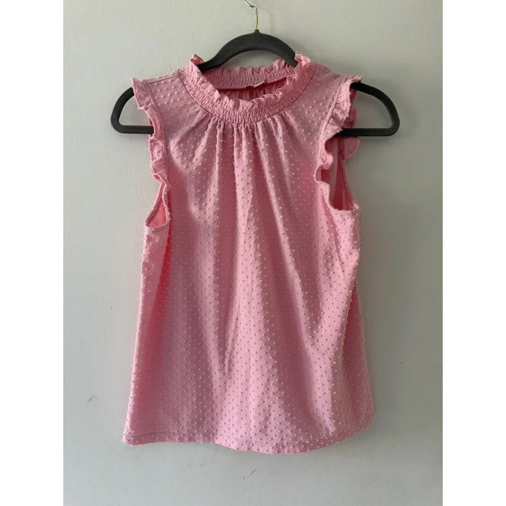 J. Crew Womens Sleeveless Ruffleneck Top Size XS Pink Swiss Dot workwear